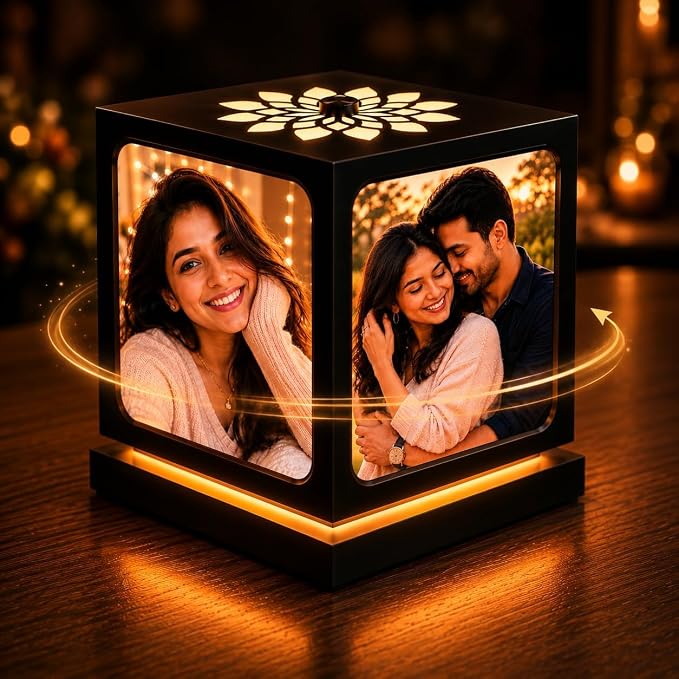 Uphaarkart Personalized Rotating LED Photo Lamp | Custom 4 Photo Memory Lamp for Couples | Romantic Anniversary, Birthday, Wedding & Valentine's Day Gift
