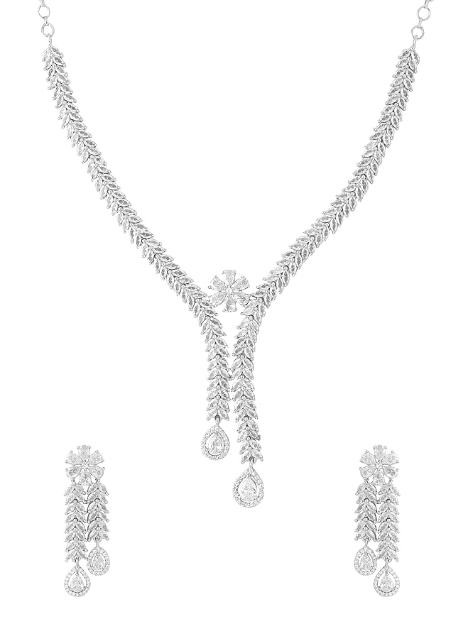 Uphaarkart Silver-Plated American Diamond Necklace Set for Women | Elegant White AD Drop Necklace with Matching Earrings | Bridal, Party & Festive Jewellery