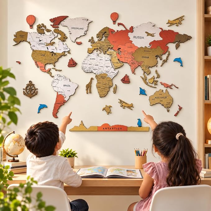 3D Wooden World Map Wall...