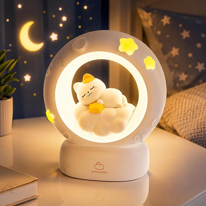 Uphaarkart Cute Cat Moon LED Night Lamp | USB Rechargeable Silicone Bedside Light with 3-Level Brightness & Touch Control | Kawaii Bedroom, Nursery & Home Décor Lamp