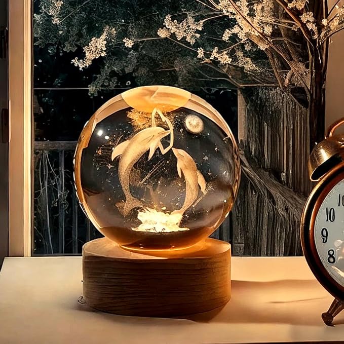Uphaarkart 3D Dolphin Crystal Ball LED Night Lamp with Wooden Stand | USB Rechargeable Touch Control Bedside Table Lamp for Home Décor & Gift (Heart Dolphin Design)