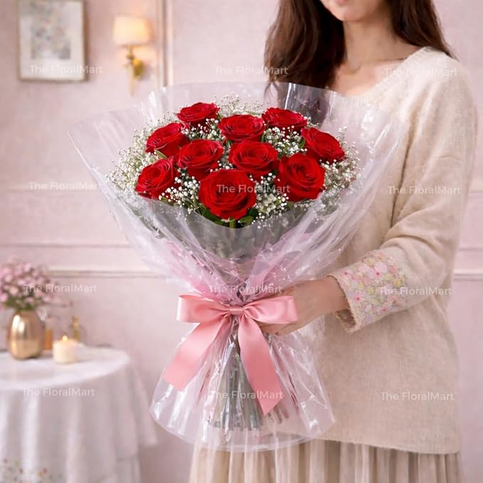Uphaarkart Fresh Red Rose Bouquet | 8 Premium Natural Roses with Seasonal Fillers & Elegant Wrapping | Romantic Floral Gift for Birthdays, Anniversaries & Special Occasions