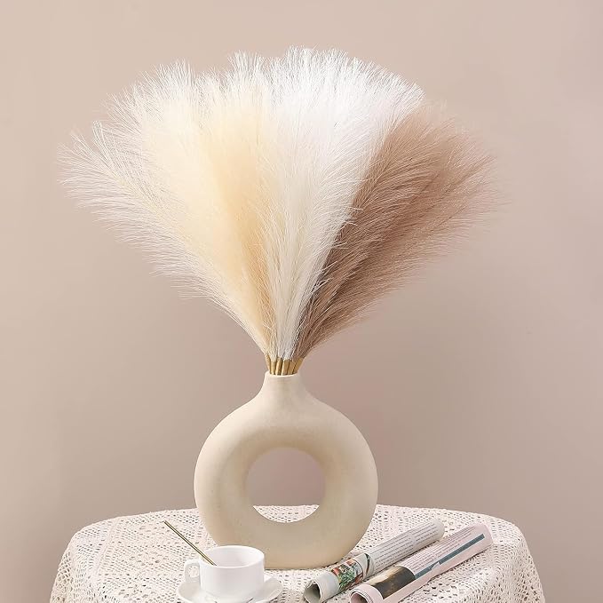 Uphaarkart Artificial Pampas Grass Stems (Set of 3) | Boho Faux Dried Flowers for Vase Decoration | Elegant Home, Wedding & Table Décor (Cream, Brown & White)