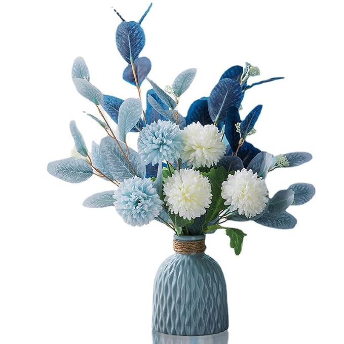 Uphaarkart Ceramic Vase with Handmade Artificial Blue Flower Bouquet | Decorative Floral Arrangement for Living Room, Office, Table Centerpiece & Home Décor