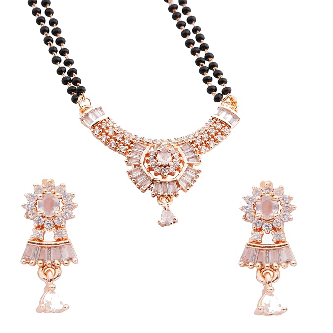 Uphaarkart Rose Gold-Plated American Diamond Mangalsutra Set for Women | Double-Strand Black Beads Necklace with Matching Earrings | Traditional & Contemporary Jewellery