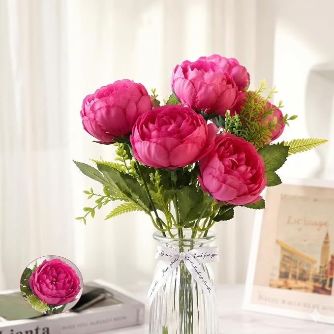 Uphaarkart Artificial Peony Rose Flower Bouquet | 5-Head Silk Floral Bunch for Home Décor, Office, Wedding & Table Decoration (Pink, Vase Not Included)