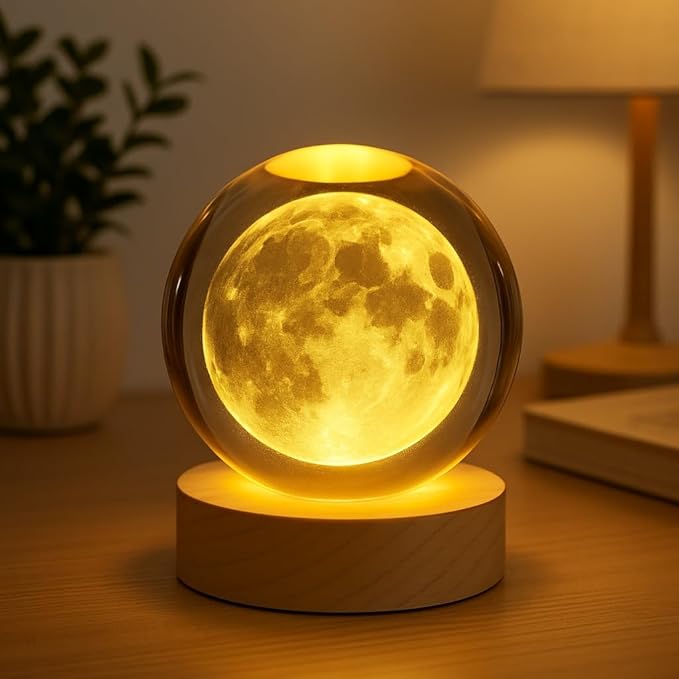Uphaarkart 3D Crystal Ball LED Night Lamp | Moon, Galaxy & Space Theme Decorative Table Lamp with Wooden Base | Bedroom, Home Décor & Gift for Kids & Adults (Assorted Designs)