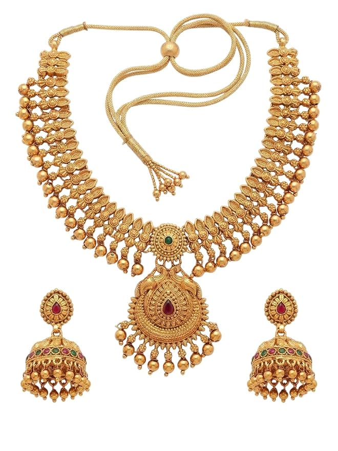Uphaarkart Gold-Plated Antique Temple Jewellery Set for Women | Traditional Lakshmi Peacock Necklace with Matching Jhumka Earrings | Bridal, Wedding & Festive Ethnic Jewellery