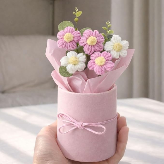 Uphaarkart Handmade Pink Crochet Flower Bouquet | Handwoven Knitted Artificial Flower Arrangement for Home, Office Desk, Car Decor & Gifting